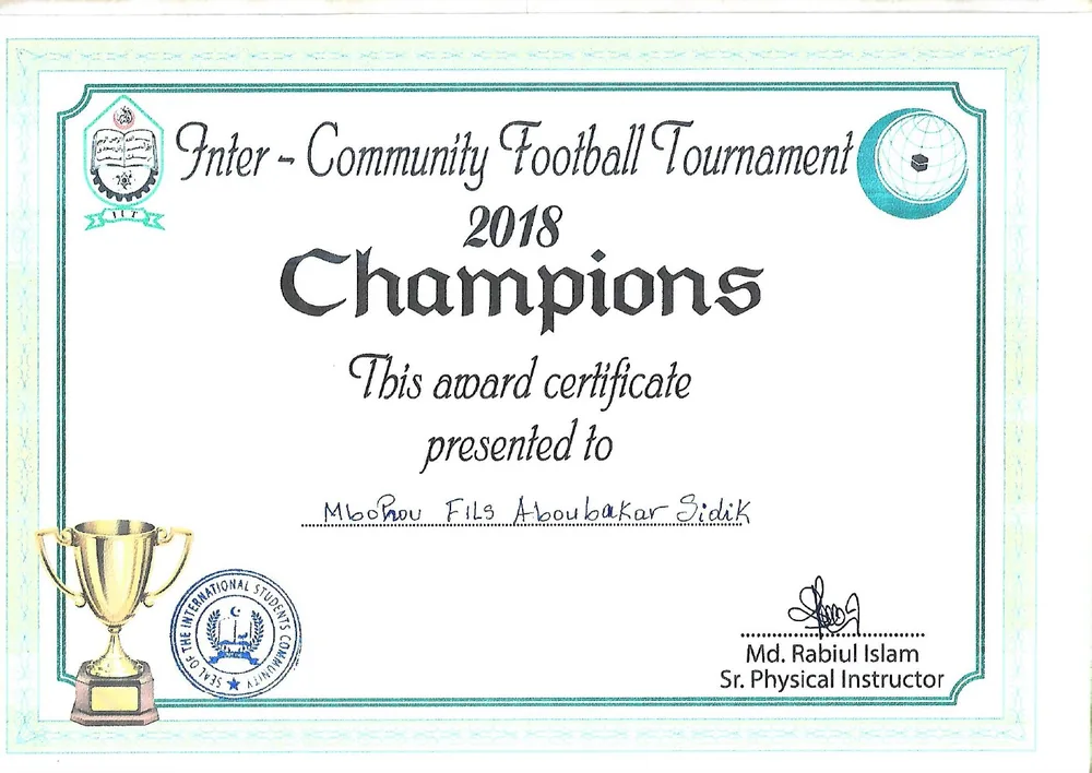 Certificat de champion du tournoi intercommunautaire 2018