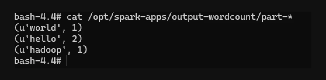 Sortie PySpark WordCount : world 1, hello 2, hadoop 1